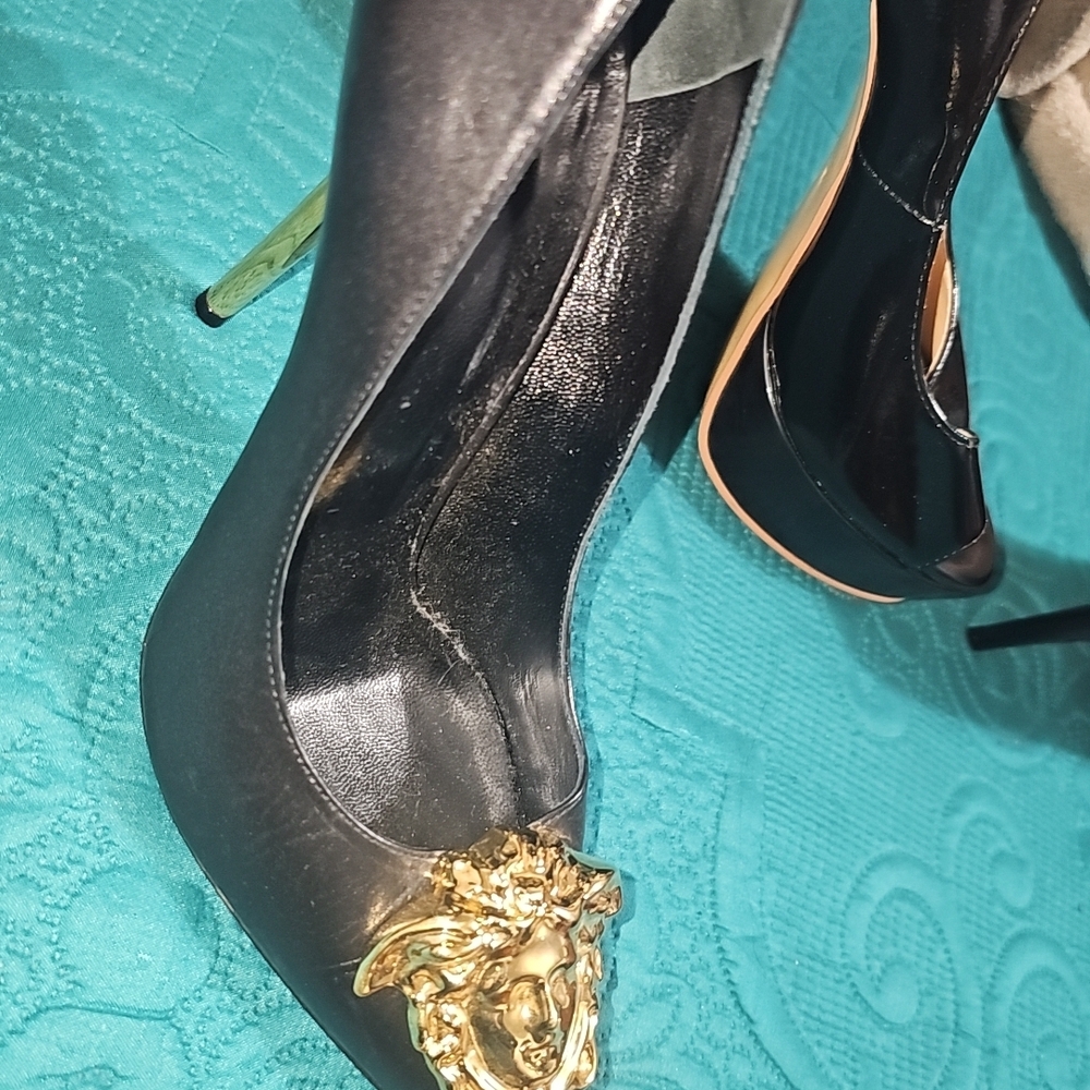 Versace Black Heels with Gold Medusa Accent